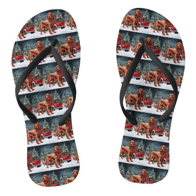 Irish Red Setter Dog in Snow Christmas Thongs (Footbed)