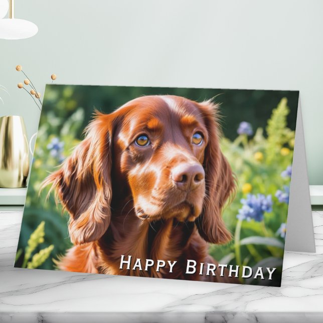 Irish Red Setter Dog Lover Birthday Card (A birthday card with picture of an Irish Red Setter dog in a garden)
