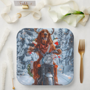 Irish Red Setter Dog Riding Motorcycle Christmas Paper Plate