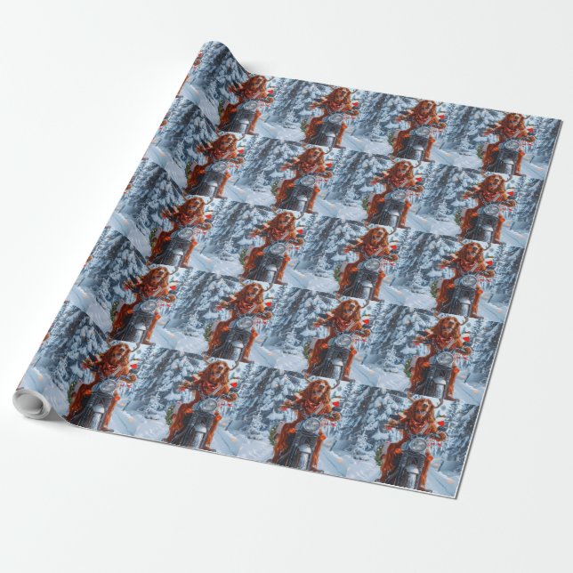 Irish Red Setter Dog Riding Motorcycle Christmas Wrapping Paper (Unrolled)
