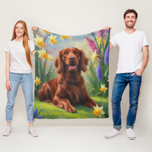 Irish Red Setter Dog Spring Flowers Painting Fleece Blanket