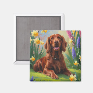 Irish Red Setter Dog Spring Flowers Painting Magnet