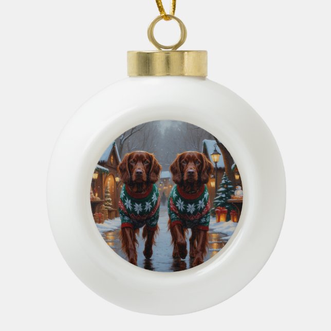Irish Red Setter Dogs Christmas Snow Holiday Ceramic Ball Christmas Ornament (Front)