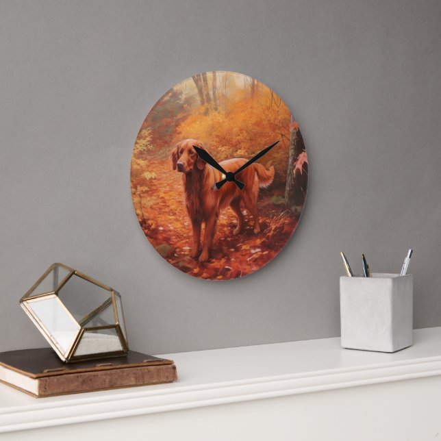 Irish Red Setter in Autumn Leaves Fall Inspire  Large Clock (Office)