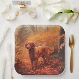 Irish Red Setter in Autumn Leaves Fall Inspire  Paper Plate