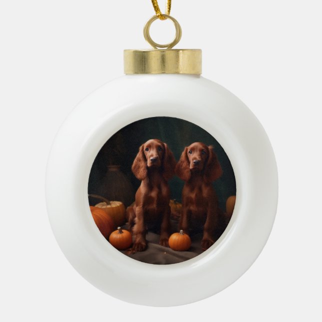 Irish Red Setter Puppy Autumn Delight Pumpkin Ceramic Ball Christmas Ornament (Front)