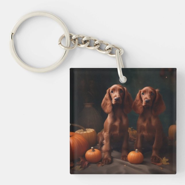 Irish Red Setter Puppy Autumn Delight Pumpkin Key Ring (Front)