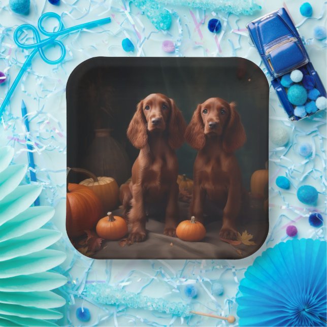 Irish Red Setter Puppy Autumn Delight Pumpkin Paper Plate (Party)