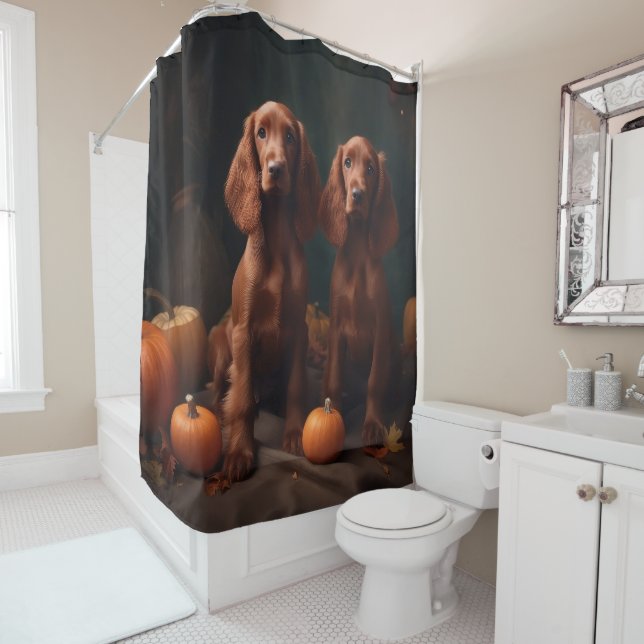 Irish Red Setter Puppy Autumn Delight Pumpkin Shower Curtain (In Situ)