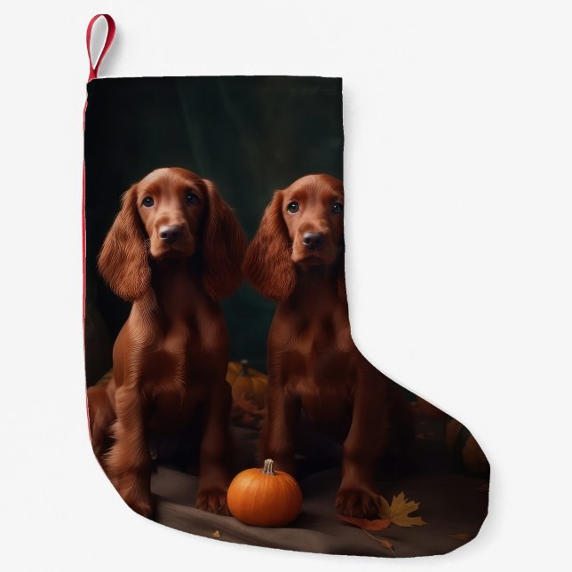 Irish Red Setter Puppy Autumn Delight Pumpkin Small Christmas Stocking (Front)