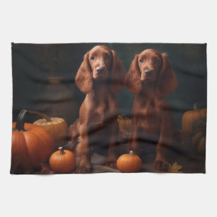 Irish Red Setter Puppy Autumn Delight Pumpkin Tea Towel