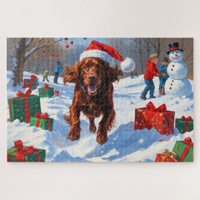 Irish Red Setter Running Snow with Christmas Hat Jigsaw Puzzle (Horizontal)
