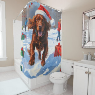 Irish Red Setter Running Snow with Christmas Hat Shower Curtain