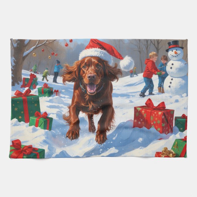 Irish Red Setter Running Snow with Christmas Hat Tea Towel (Horizontal)