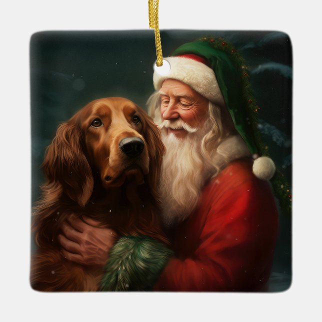 Irish Red Setter Santa Claus Festive Christmas Ceramic Ornament (Front)