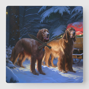 Irish Red Setter Snowy Sleigh Christmas Decor Square Wall Clock