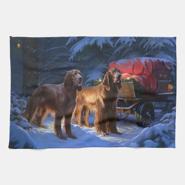 Irish Red Setter Snowy Sleigh Christmas Decor  Tea Towel (Horizontal)