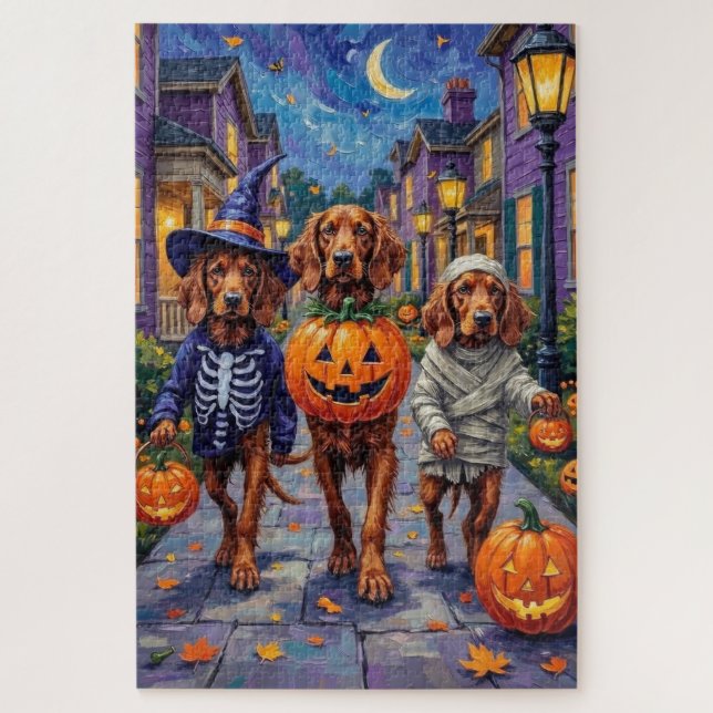 Irish Red Setter Trick-or-Treating Halloween Jigsaw Puzzle (Vertical)