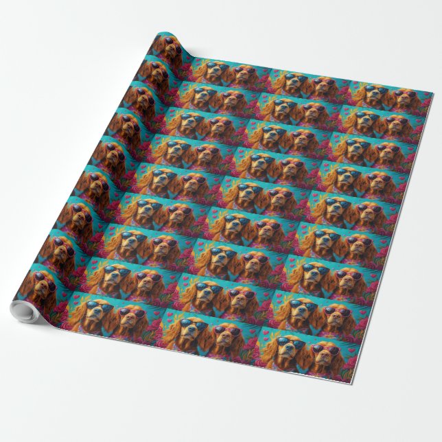 Irish Red Setter With Heart Roses Valentine's Day Wrapping Paper (Unrolled)