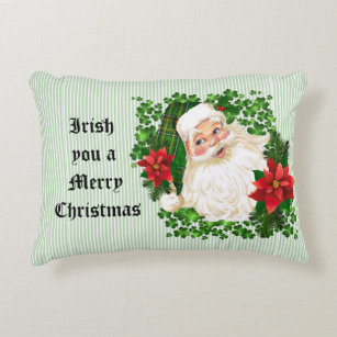 Irish Santa Claus Green Stripe Red Poinsettia Decorative Cushion