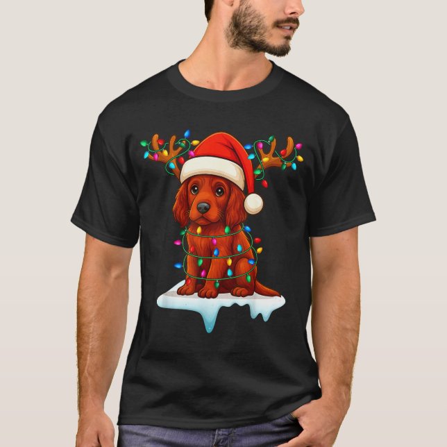 Irish Setter Christmas Santa Hat Reindeer Lights P T-Shirt (Front)
