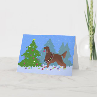 Irish Setter Decorating Tree in the Forest Holiday Card