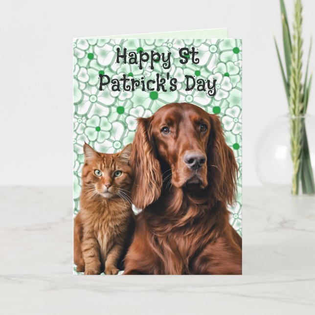 Irish Setter Dog and Irish Cat St Patrick Holiday Card (Front)