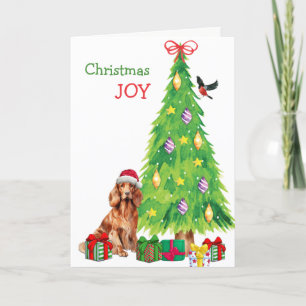 Irish Setter Dog, Bird and Christmas Tree Holiday Card