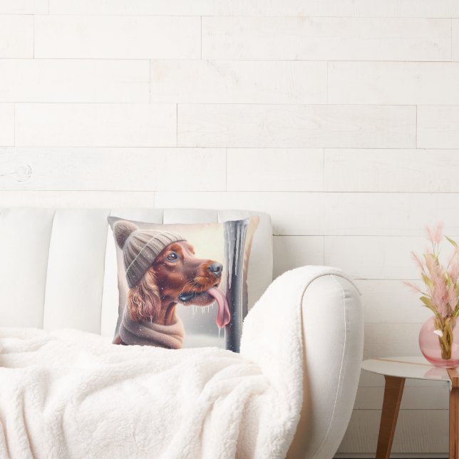 Irish Setter Dog Licking A Frozen Pole Cushion (Couch)