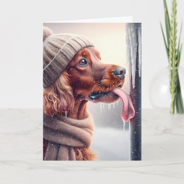 Irish Setter Dog Licking A Frozen Pole Holiday Card (Front)