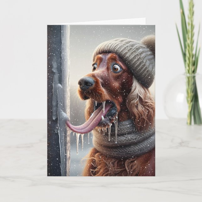 Irish Setter Dog Licking A Frozen Pole Holiday Card (Front)