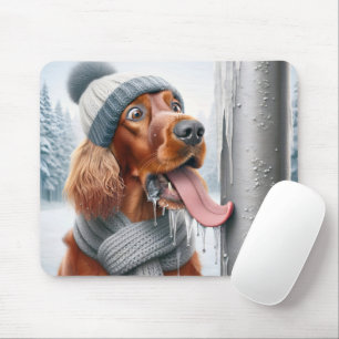 Irish Setter Dog Licking A Frozen Pole Mouse Pad