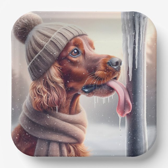 Irish Setter Dog Licking A Frozen Pole Paper Plate (Front)