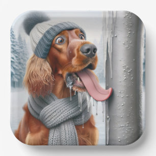 Irish Setter Dog Licking A Frozen Pole Paper Plate
