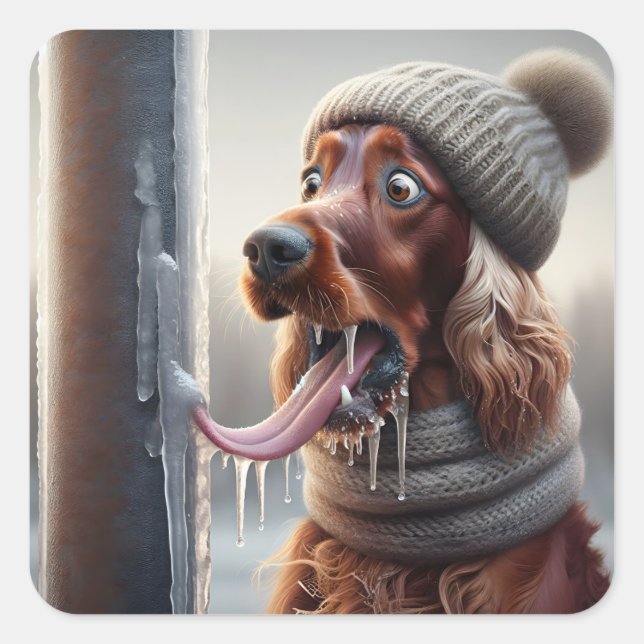 Irish Setter Dog Licking A Frozen Pole Square Sticker (Front)