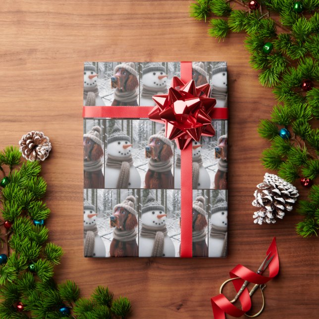 Irish Setter Dog Staring At a Snowman Wrapping Paper (Holiday Gift)