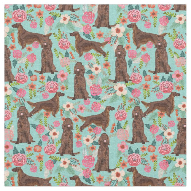 Irish setter dog vintage florals mint fabric (Close Up)