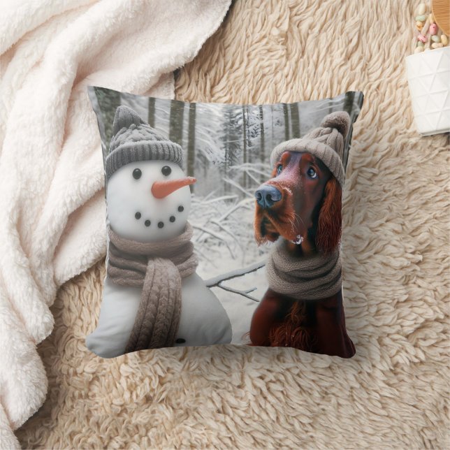 Irish Setter Dog With a Snowman Cushion (Blanket)