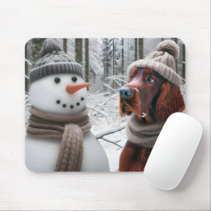 Irish Setter Dog With a Snowman Mouse Pad