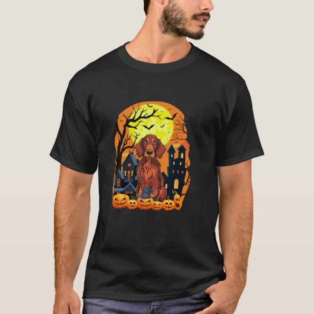 Irish Setter Dog With Pumpkins Funny Scary Hallowe T-Shirt (Front)