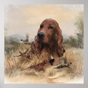 Irish Setter Hunting Pheasant ,Art Poster
