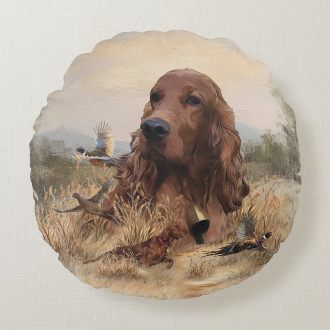 Irish Setter Hunting Pheasant ,Art Round Cushion (Front)