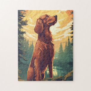 Irish Setter in the forest during sunset Jigsaw Puzzle
