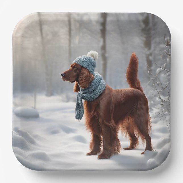Irish Setter In Winter Woods Paper Plate (Front)