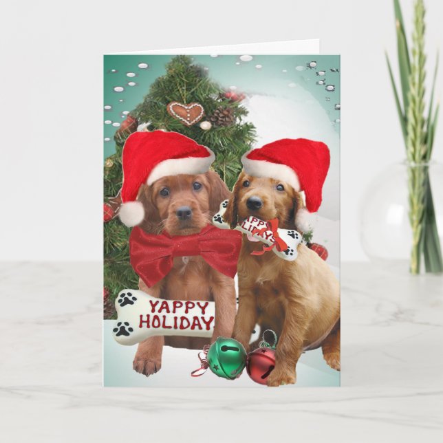 Irish Setter Puppies Yappy Holiday Greeting Cards (Front)