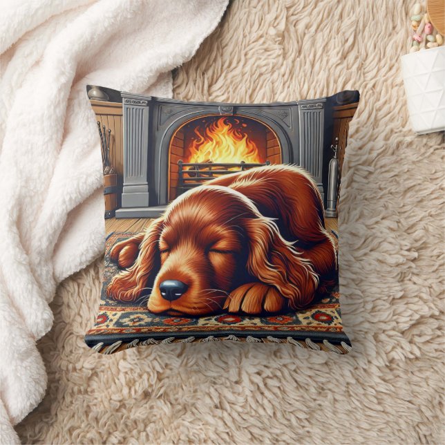 Irish Setter Puppy Sleeping by a Warm Fireplace Cushion (Blanket)