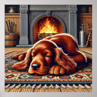 Irish Setter Puppy Sleeping by a Warm Fireplace
