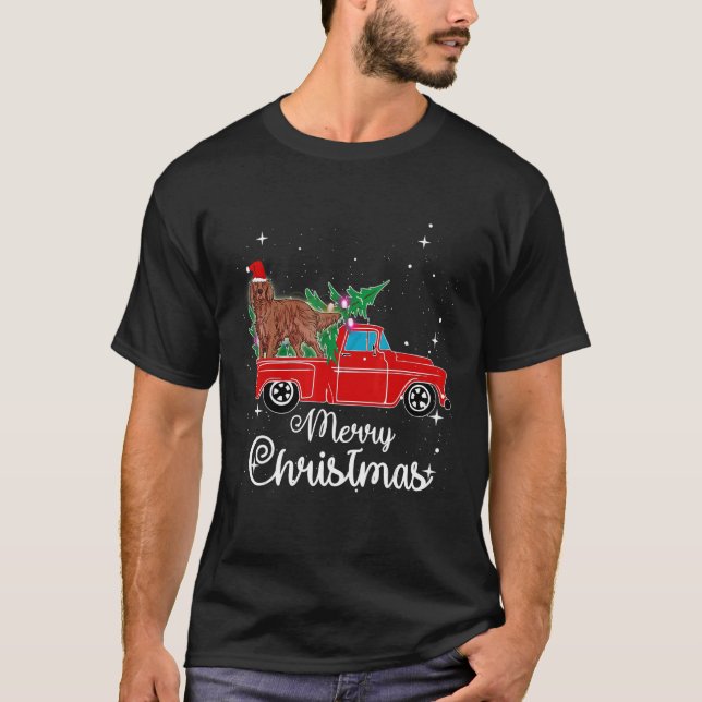Irish Setter Ride Red Truck Christmas T-Shirt (Front)