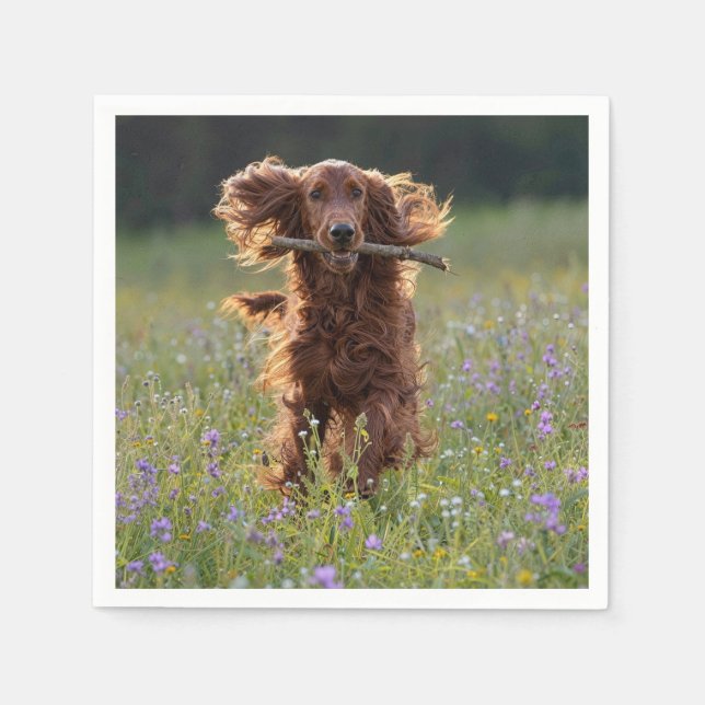 Irish Setter Running with a Stick Napkin (Front)