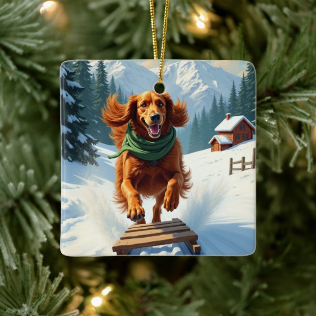Irish Setter Sledding Adventure Christmas Painting Ceramic Ornament (Tree)